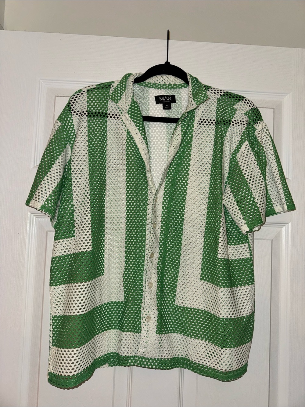 Boohoo Green and White Striped Mesh Button-Down Shirt
